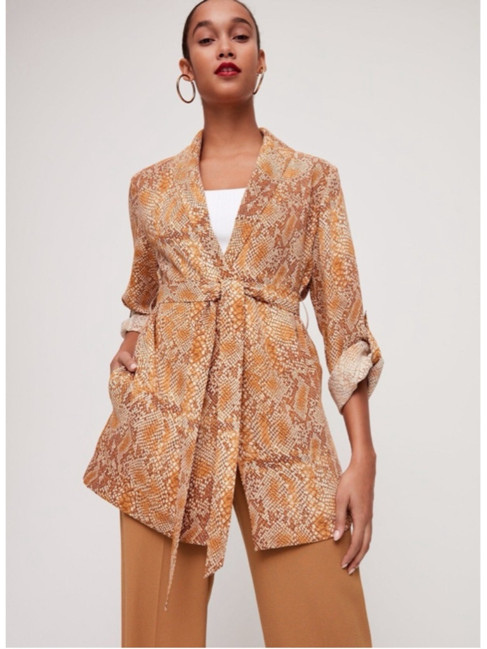 Babaton Kahlo Mid-length Snake Print Robe Jacket Size small Aritzia Brown